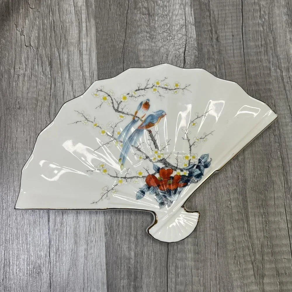 𝅺VINTAGE Bird Branch Floral Fan White Porcelain Trinket Tray Jay Fine China - Picture 2 of 5